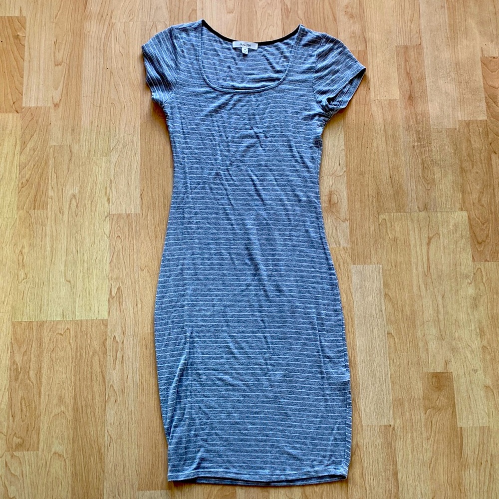 Gray striped body con midi dress